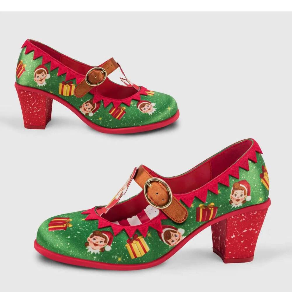 NEW HOT CHOCOLATE DESIGN women's mid heels elf mary jane pump in multi xmas - Picture 2 of 4
